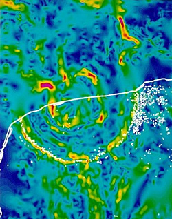Gravity map of the Chicxulub crater off the Yucatan peninsula, Mexico