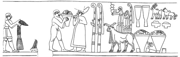Drawing of Late Uruk vase, top frieze - the priest-king of Uruk pays homage to Inana